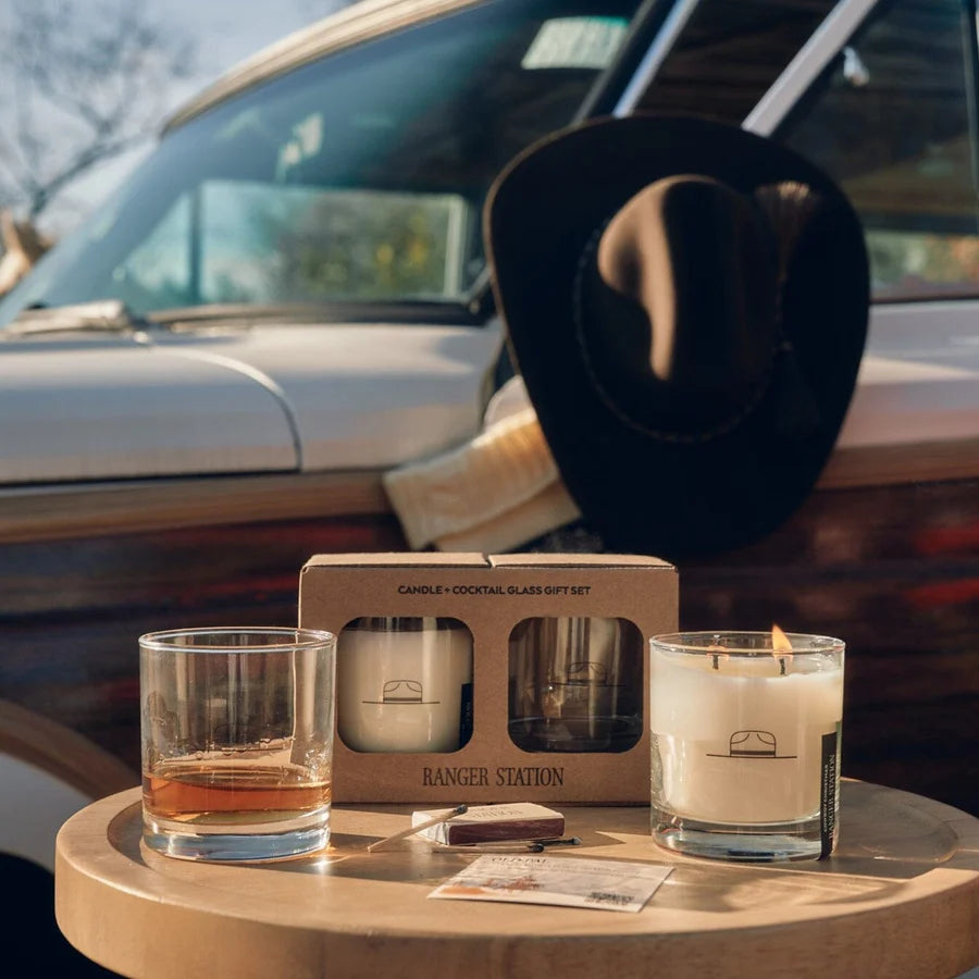 Ranger Station Candle + Cocktail Glass Gift Set - 'Leather + Pine'