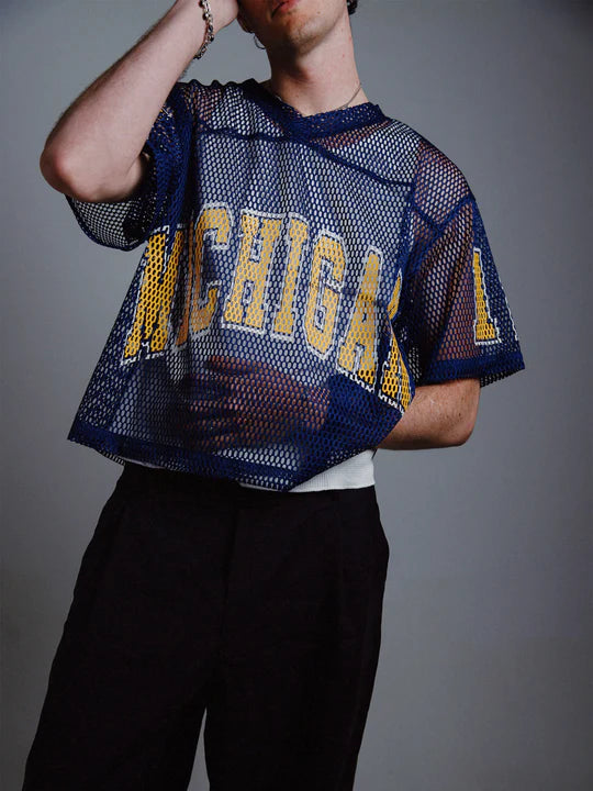 
                  
                    Load image into Gallery viewer, Circle Author &amp;#39;Michigan&amp;#39; Football Jersey - &amp;#39;Navy&amp;#39;
                  
                