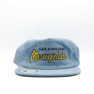 
                  
                    Load image into Gallery viewer, &amp;#39;HAVE A NICE GAME&amp;#39; MEMPHIS SCRIPT SNAPBACK - &amp;#39;Light Blue Corduroy&amp;#39;
                  
                