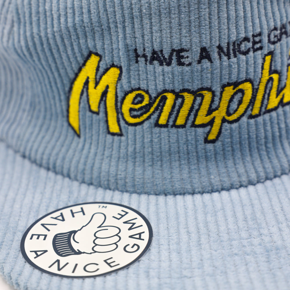 
                  
                    Load image into Gallery viewer, &amp;#39;HAVE A NICE GAME&amp;#39; MEMPHIS SCRIPT SNAPBACK - &amp;#39;Light Blue Corduroy&amp;#39;
                  
                