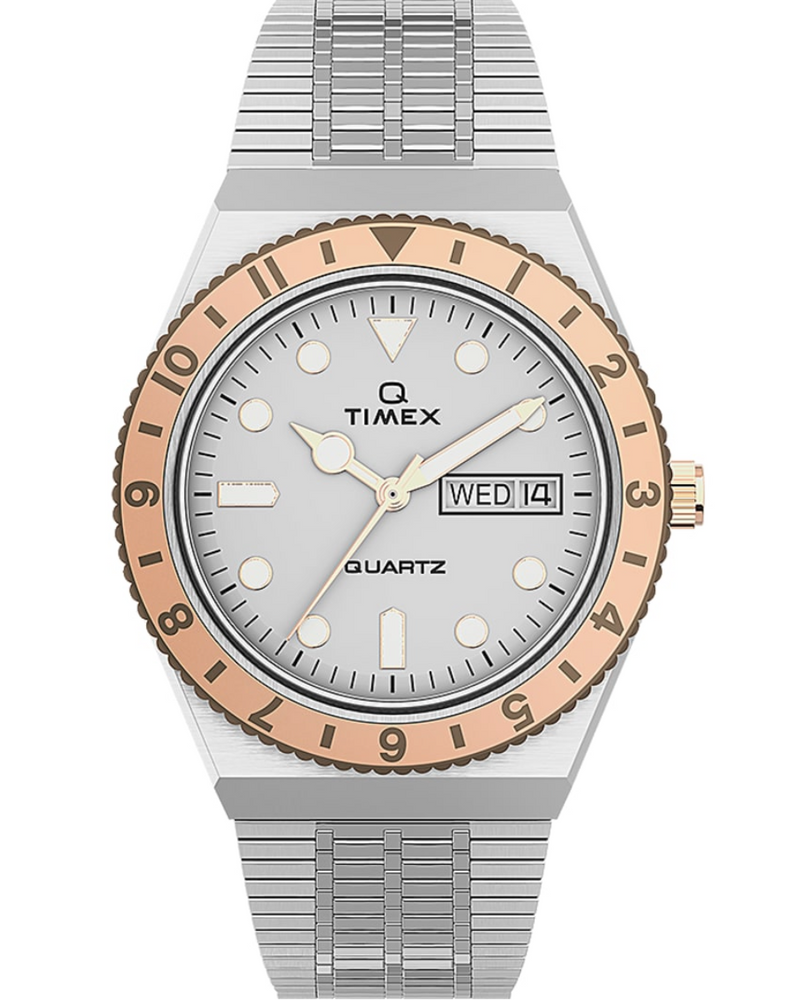
                  
                    Load image into Gallery viewer, Timex Q 36mm Stainless Steel Bracelet Watch - &amp;#39;Silver / White / Rose Gold&amp;#39;
                  
                