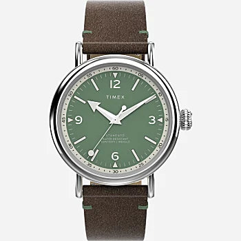 Timex Standard 40mm Eco-Friendly Leather Strap Watch - 'Silver Tone / Brown / Green'
